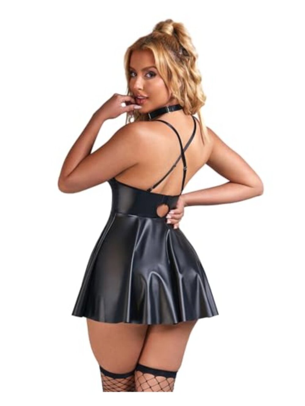 PU Leather Mini Dress Backless Babydoll Ruffled Hem Plus Size